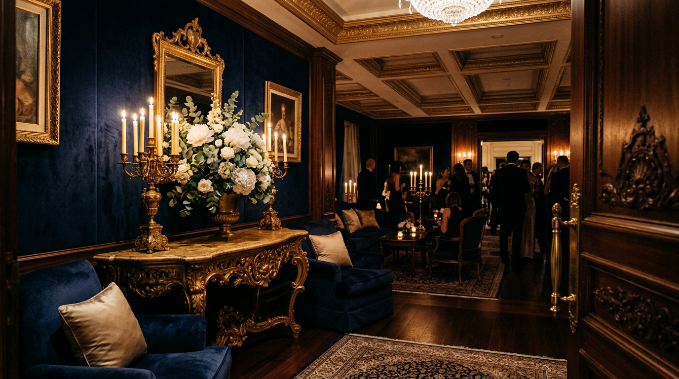 Intérieur d'un salon VIP de Cannes 2026 avec une console baroque dorée sculptée, des bougeoirs en métal doré et une composition florale de pivoines blanches — inspiration décoration luxe