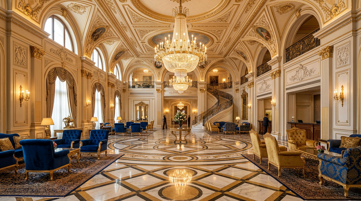 Intérieur d'un lobby d'hôtel de luxe à l'inspiration baroque avec lustres en cristal, dorures au plafond et mobilier d'hôtellerie haut de gamme en velours.