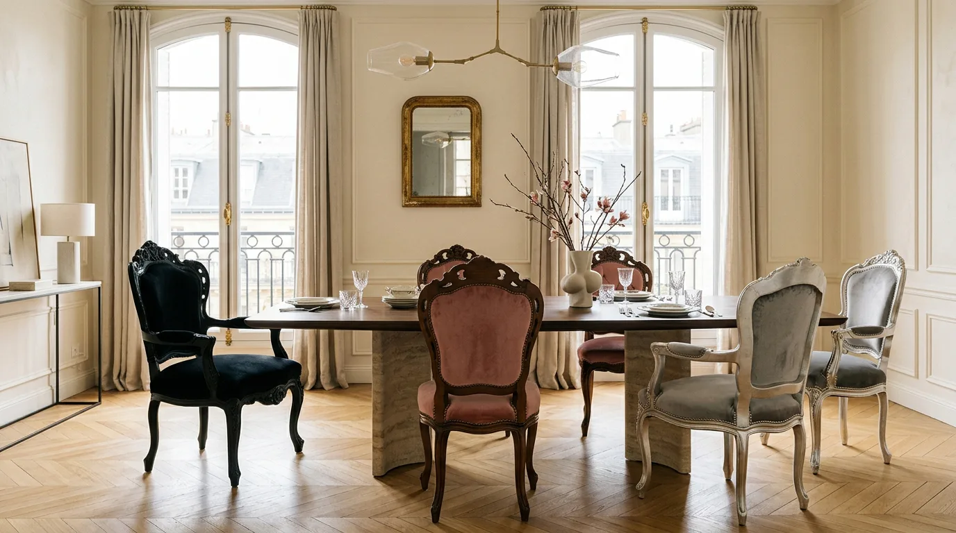 Parisian Dining Room With Velvet Chairs