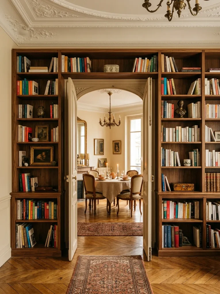 Bibliothèque murale sur mesure encadrant une porte d'entrée dans un appartement de style haussmannien