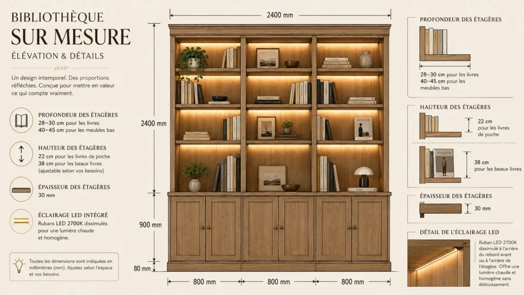 Infographie schématique montrant les proportions idéales d'une bibliothèque sur mesure : hauteurs de niches, profondeurs des étagères et emplacement des éclairages LED.