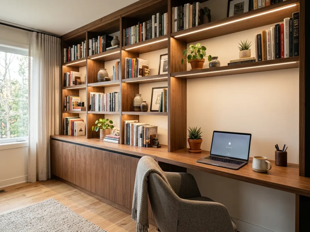 Aménagement de bureau encastré dans une bibliothèque sur mesure avec rangements intégrés et rétroéclairage chaleureux